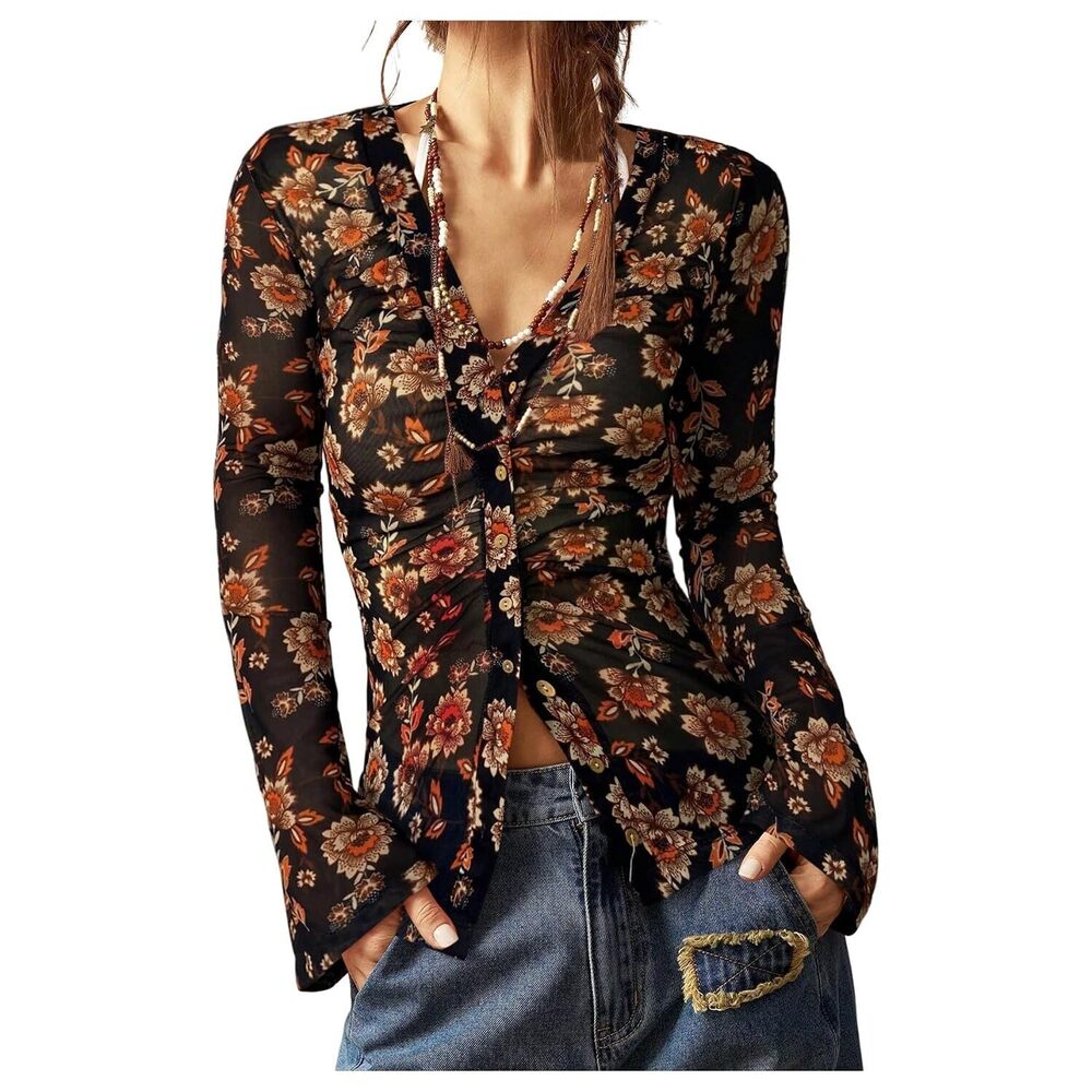 Women's Long Sleeve Shirts Boho Floral Print Blouses Button Down V Neck